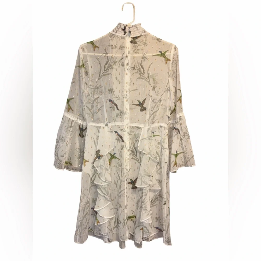 Ted Baker Andray Hummingbird Ruffle Dress Ivory Metallic Bell Sleeve Size 2 - Picture 4 of 5